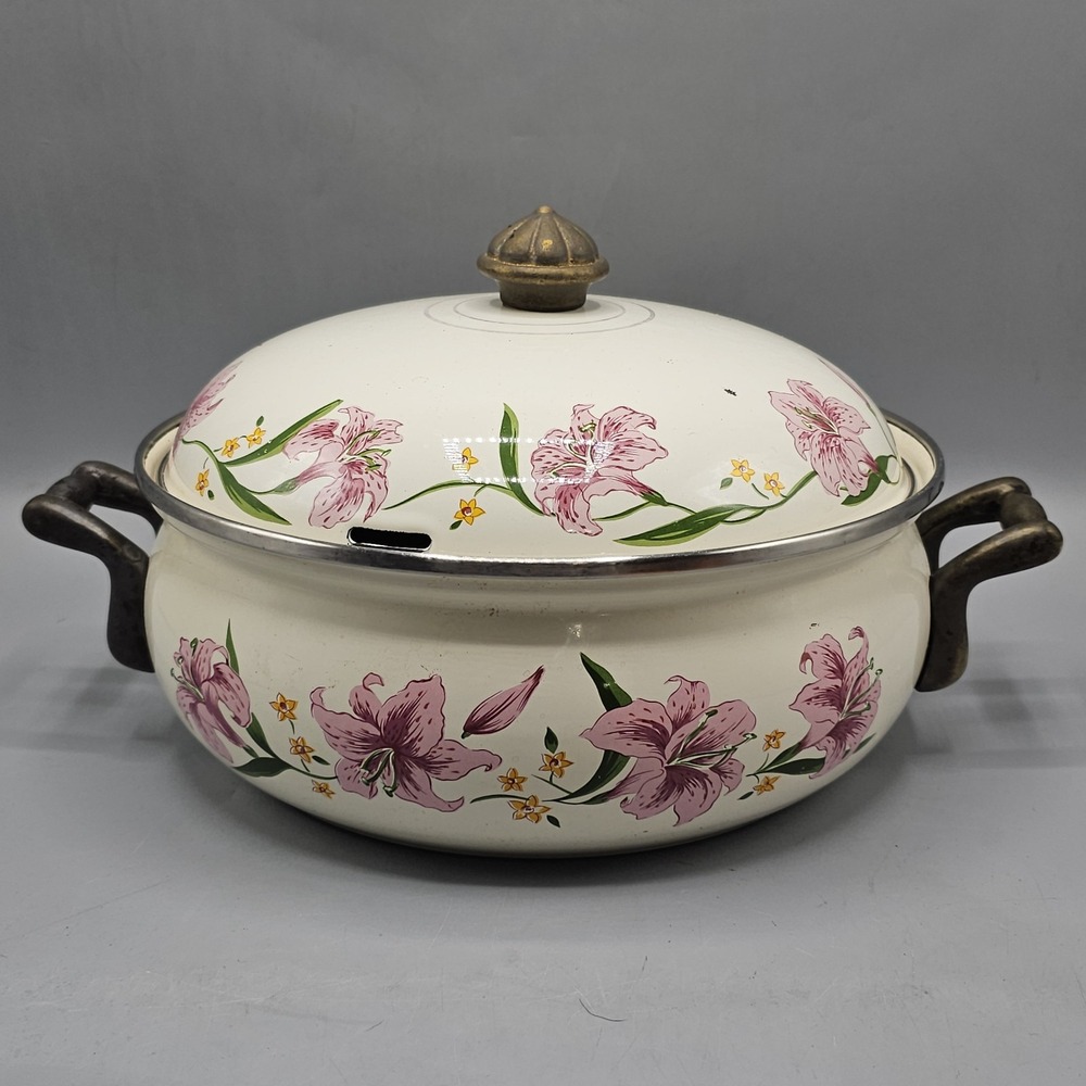 VTG Normandy Dutch Oven 3.5 QT Enamelware Pink Lily Floral Flowers Grandmacore